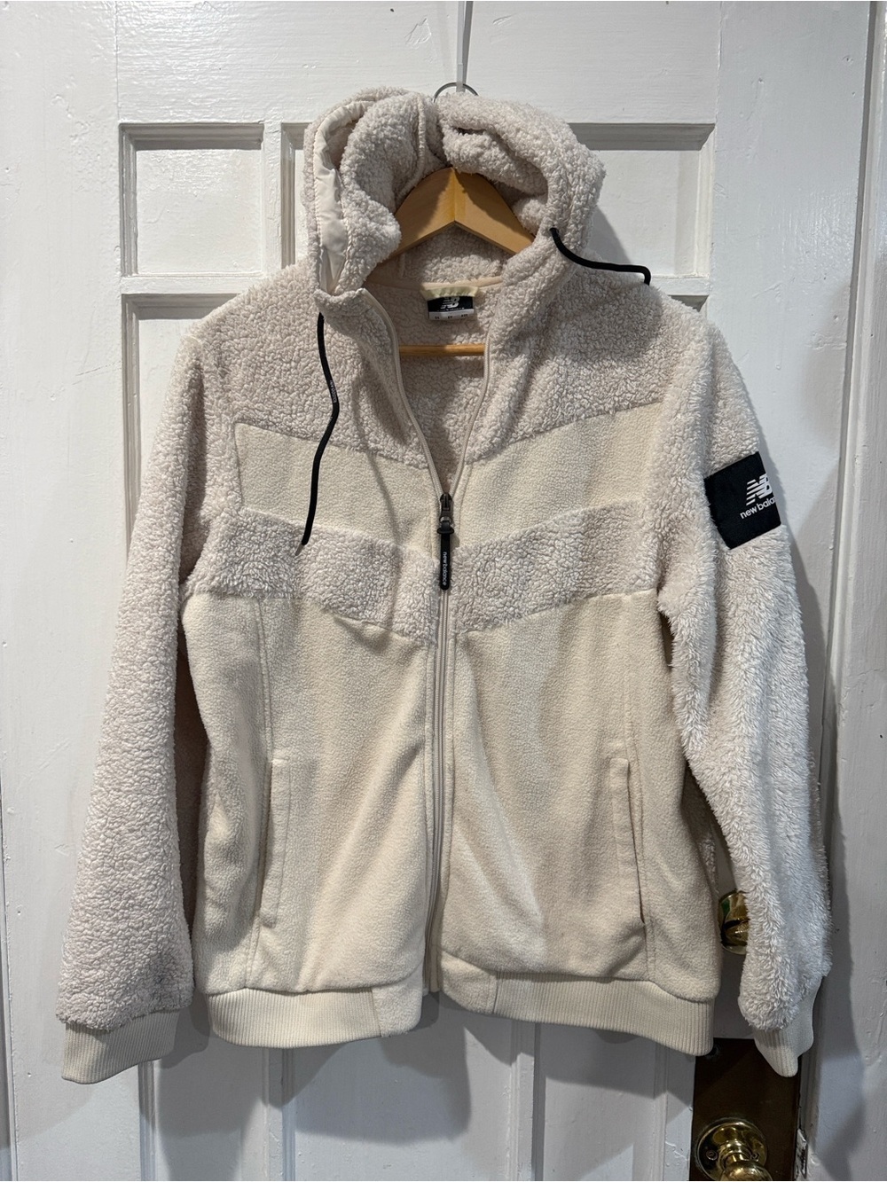 New Balance Cream Sherpa Hoodie with Black Logo Tag